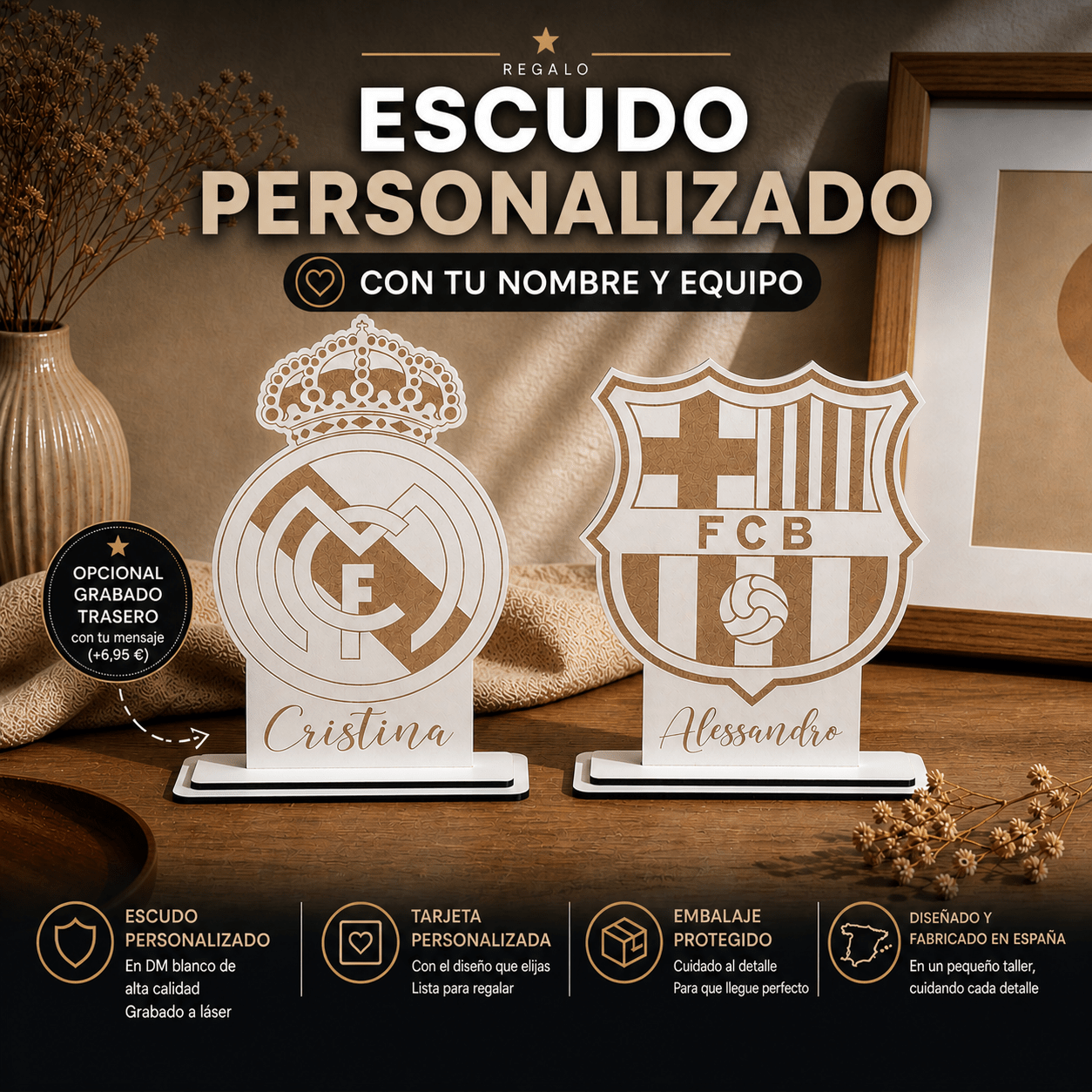 Escudo de fútbol personalizado con nombre y equipo | Regalo original personalizado de Decora Con Laser